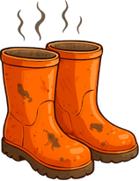 A pair of orange rubber rain boots with black soles and steam rising from the top.