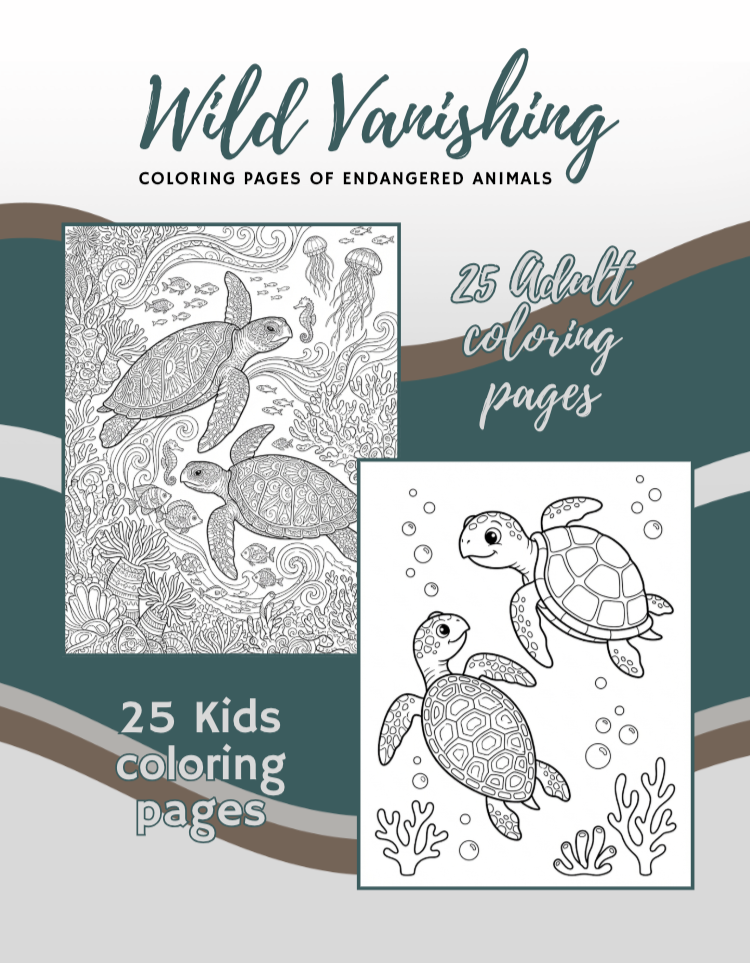 Cover of a children's coloring book titled "Wild Vanishing" with illustrations of endangered sea turtles, including one black-and-white coloring page of two turtles underwater surrounded by seaweed and bubbles.