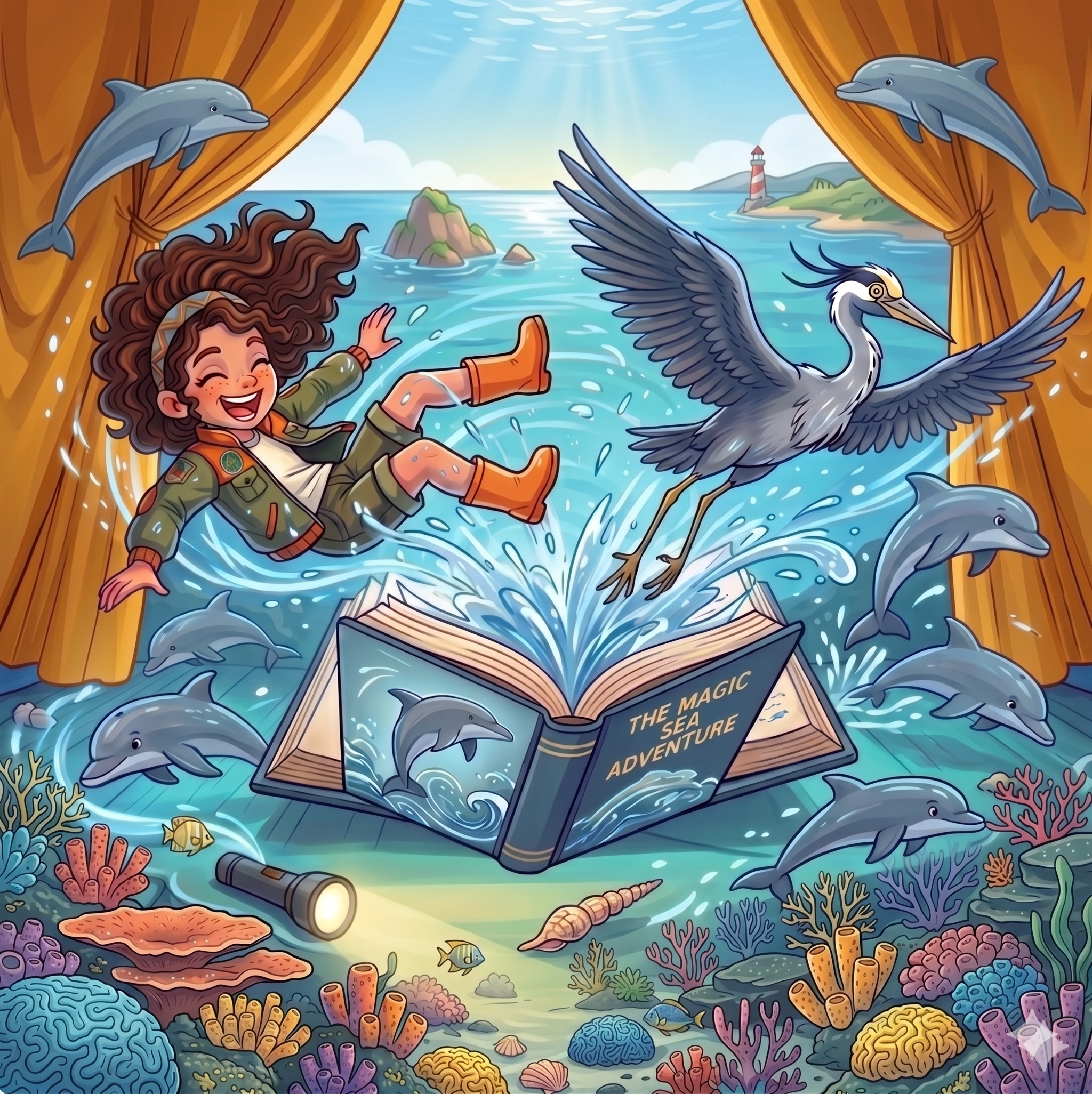 Colorful cartoon illustration of an underwater scene with coral reefs, fish, and other sea creatures, with a child holding a flashlight and reading a book titled 'The Magic Sea Adventure'.