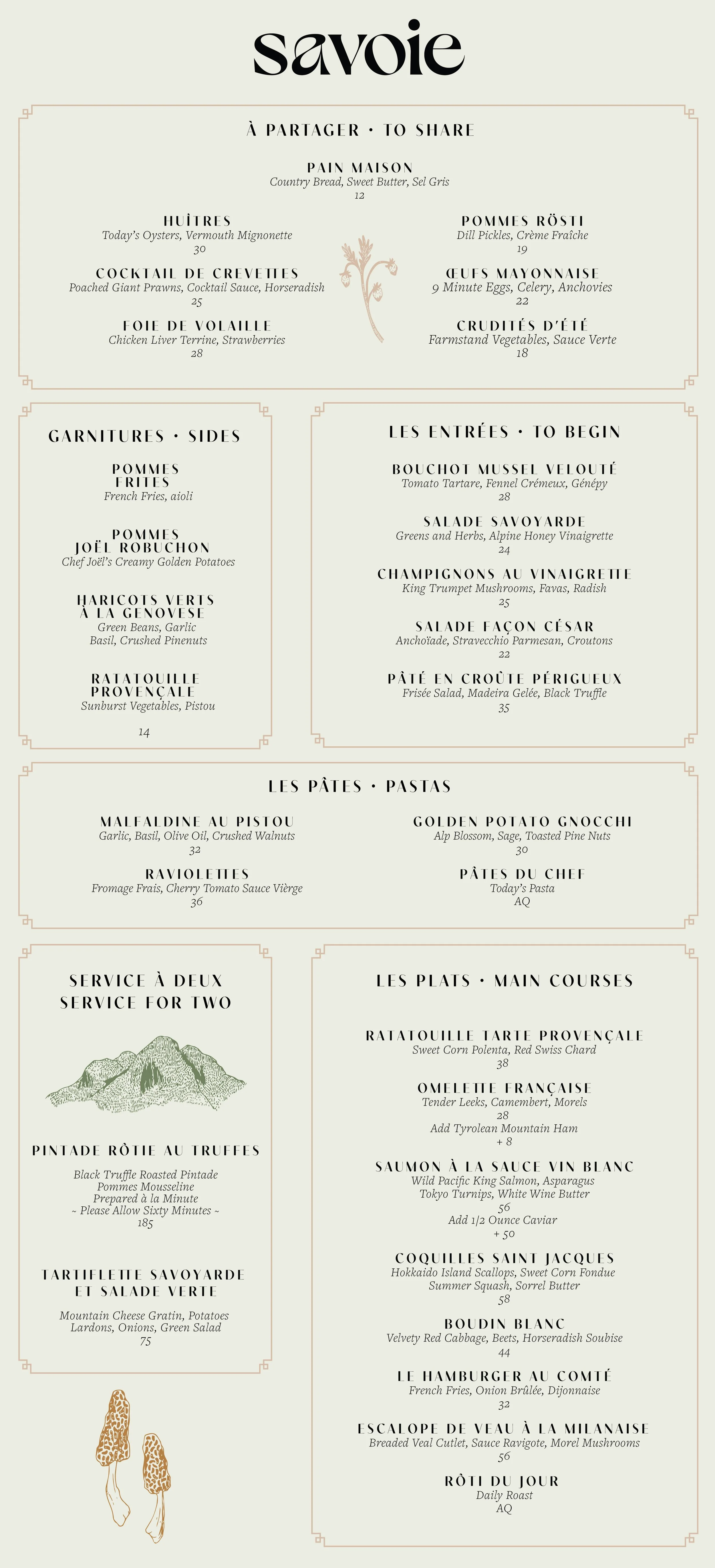 Menu from Savoie restaurant featuring sections for sharing dishes, starters, pasta, main courses, sides, and two-service options, with illustrations of mushrooms in the lower left corner.