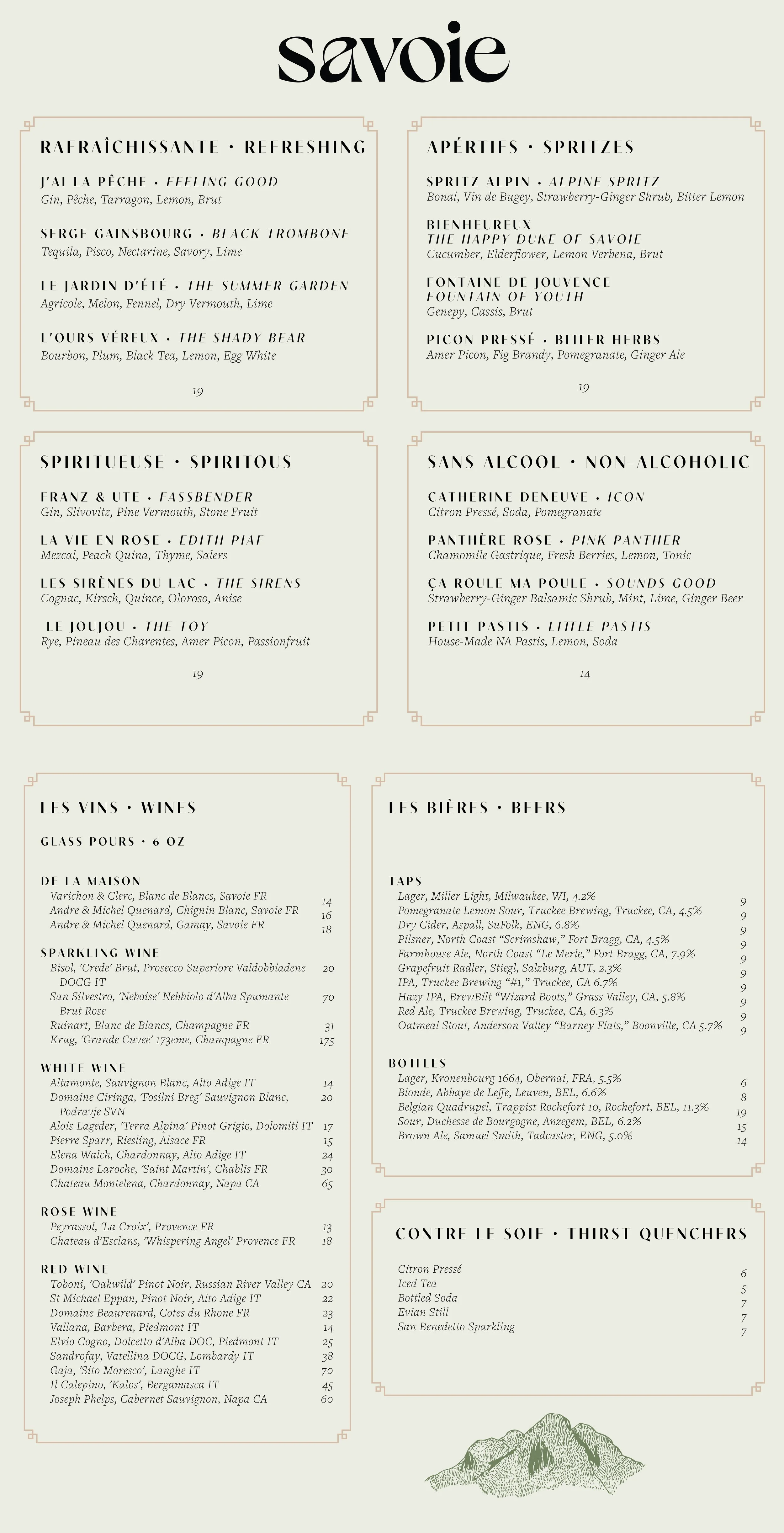 Menu from Savoie restaurant with sections for drinks, wines, beers, and thirst quenchers, featuring various cocktails, wines from France and the U.S., and beers including local and imported options, along with a mountain illustration at the bottom.