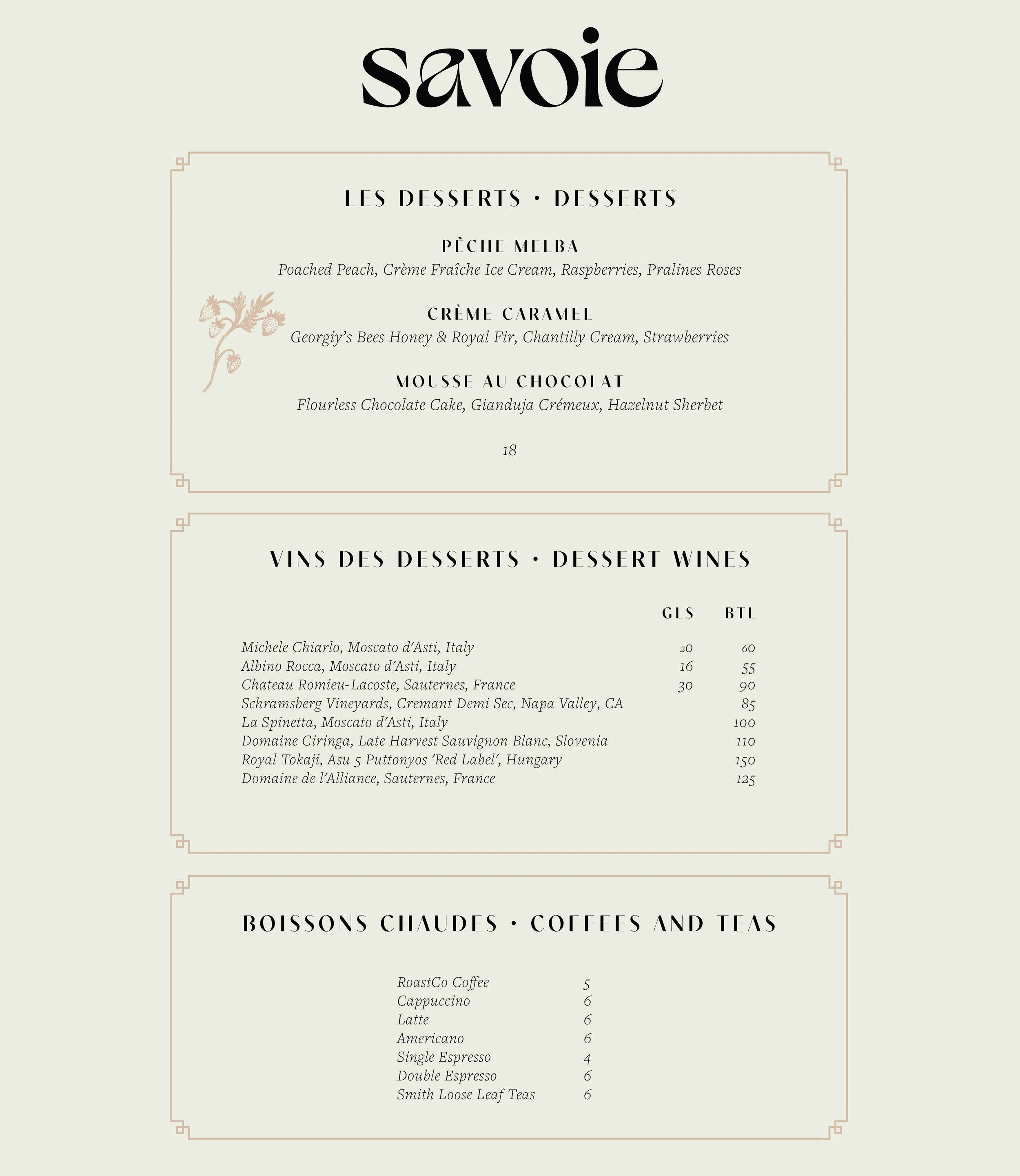 A menu page with sections for desserts, wine, and hot beverages, listing various items and prices.