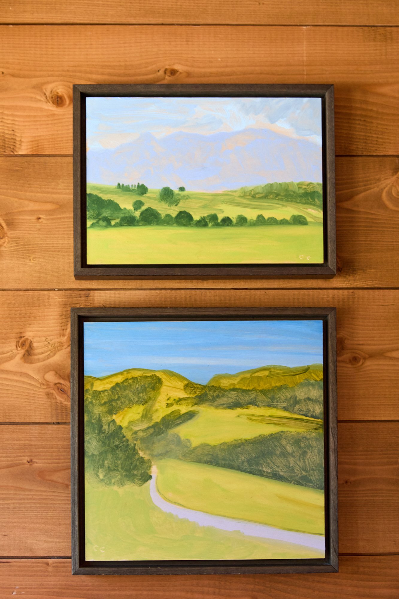 Landscape paintings of green hills, trees, and blue skies hanging on a wooden wall.