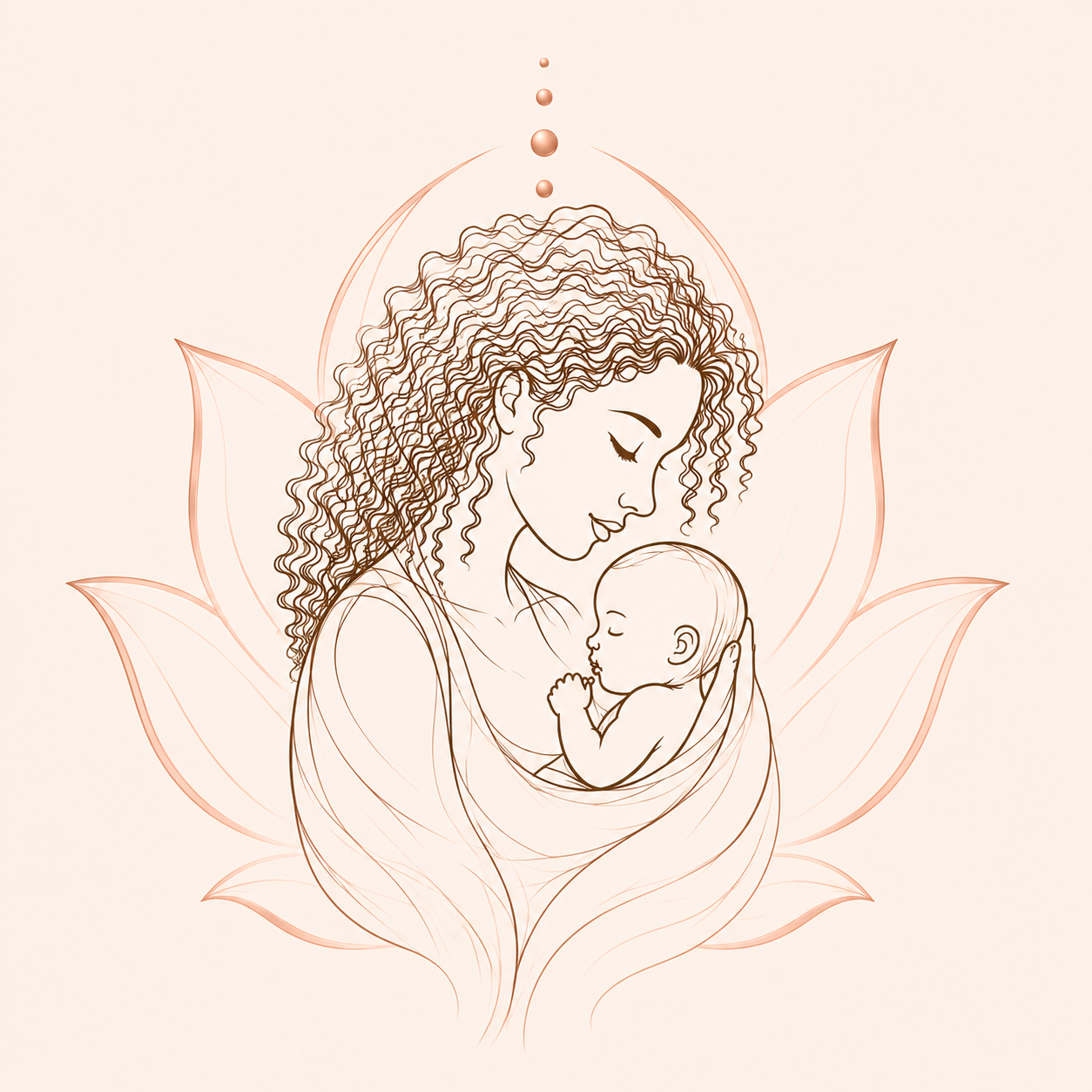 Line drawing of a woman with curly hair holding a sleeping baby, set within a lotus flower outline.