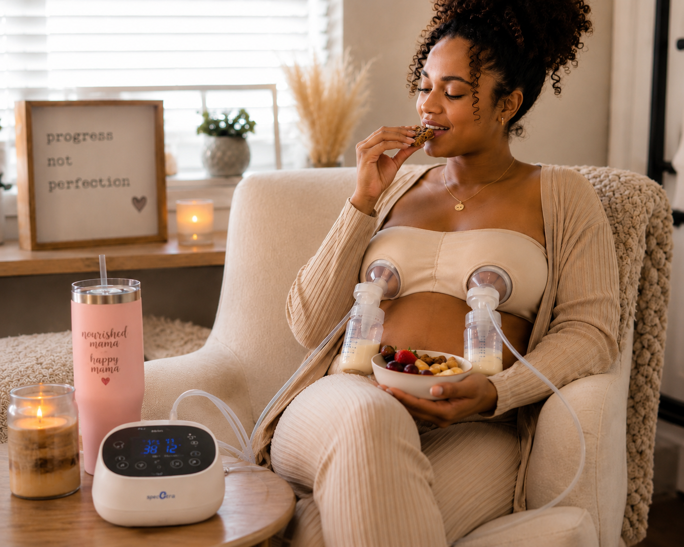 A woman sitting in a recliner is receiving breast milk therapy with two breast pumps attached to her chest. She is holding a bowl of snacks and eating a cookie, with a supportive smile. On the table, there is a pink tumbler, a lit candles, and a breast pump device. The background includes a window, potted plants, and a framed quote that says 'progress not perfection'.