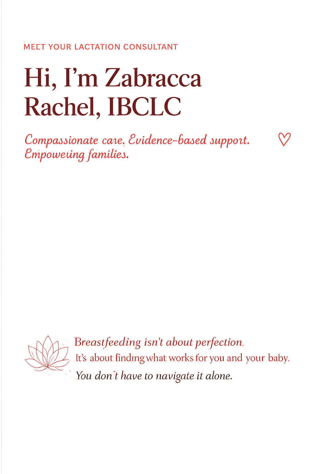 A website homepage for Zabraca Rachel, IBCLC, with a warm pink and red theme. It includes a headline, a brief introduction, and a quote about breastfeeding, with a lotus flower graphic in the bottom left corner.
