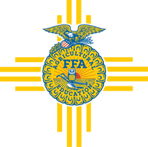 The logo of the FFA (Future Farmers of America) featuring an eagle atop a circular emblem with the FFA acronym, surrounded by a yellow and black border, superimposed on a stylized yellow cross.