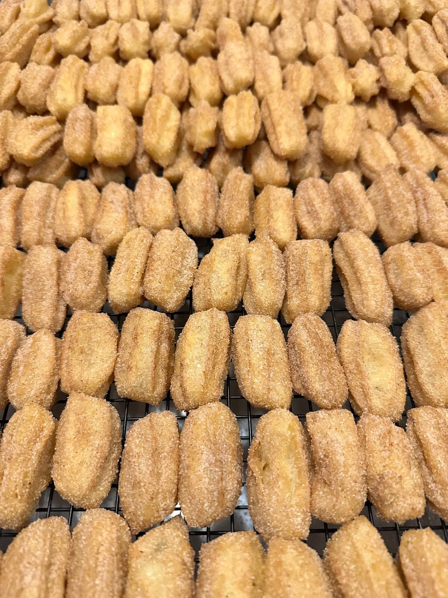 Close-up of multiple rows of raw, breaded chicken nuggets on a wire rack.