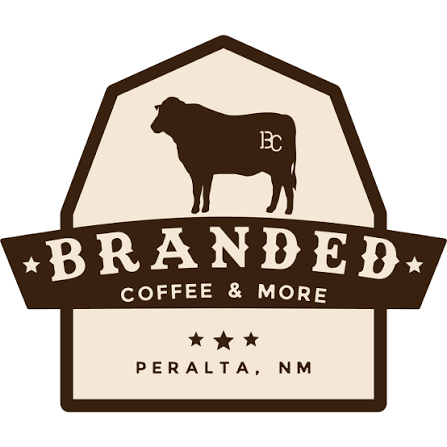 Logo for Branded Coffee & More featuring a bull silhouette with 'BC' initials, location Peralta, NM.