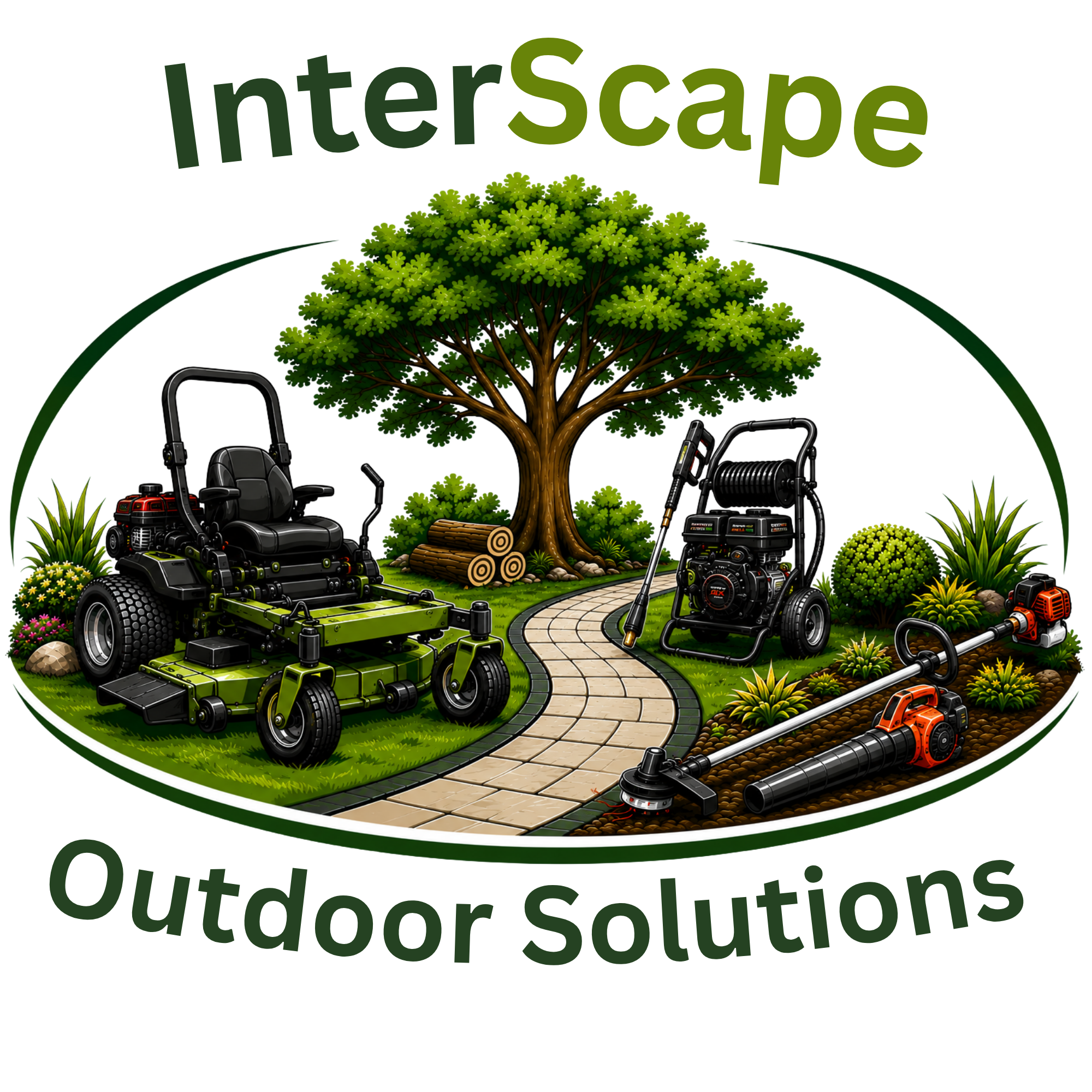 Logo for Outdoor Solutions featuring trees, lawn mowers, and garden tools.