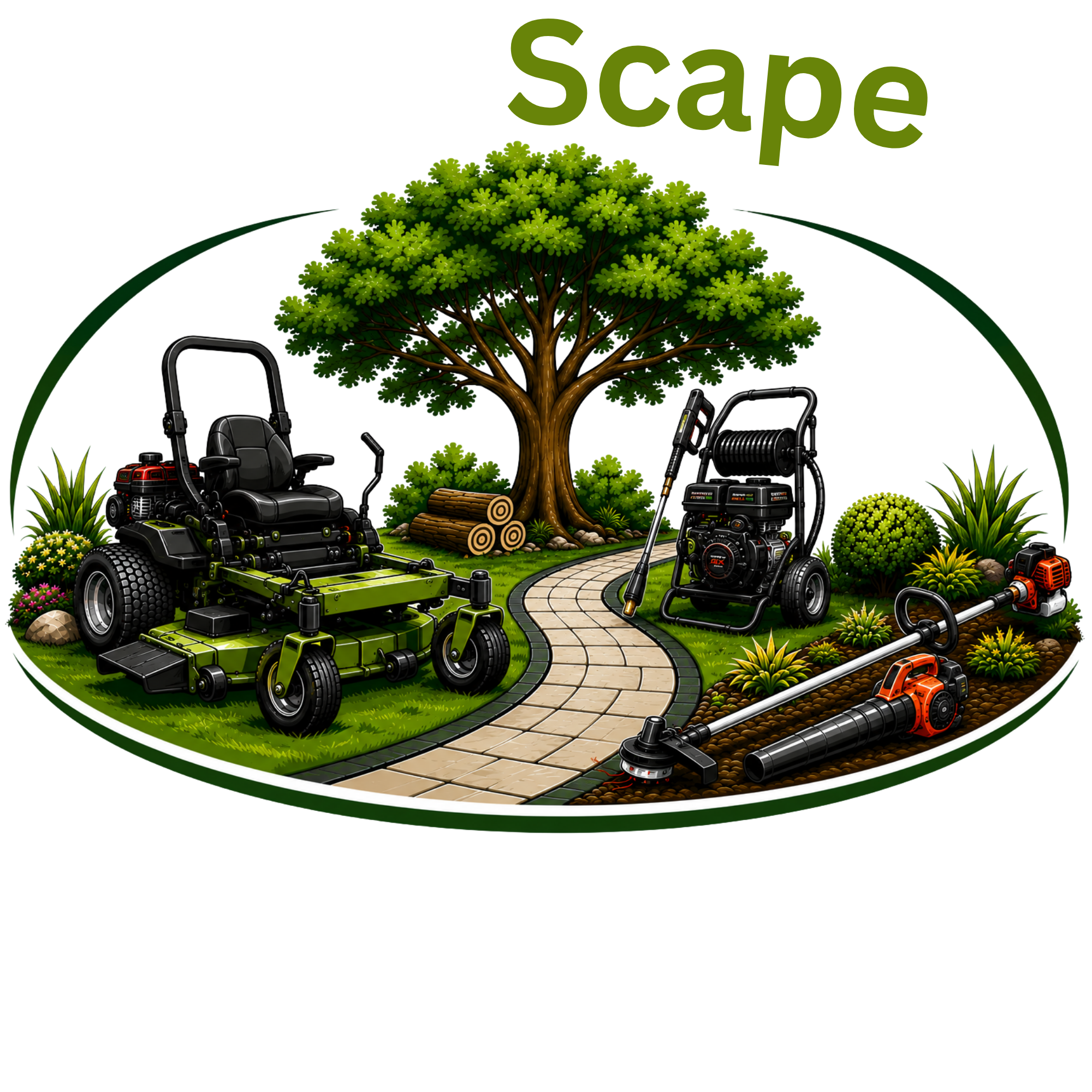 Logo for Outdoor Solutions, featuring a large tree at the center with green leaves, surrounded by lawn equipment like a lawn mower, hedge trimmer, and leaf blower, and a curved pathway lined with flowers and bushes, with the company name and contact information above and below.