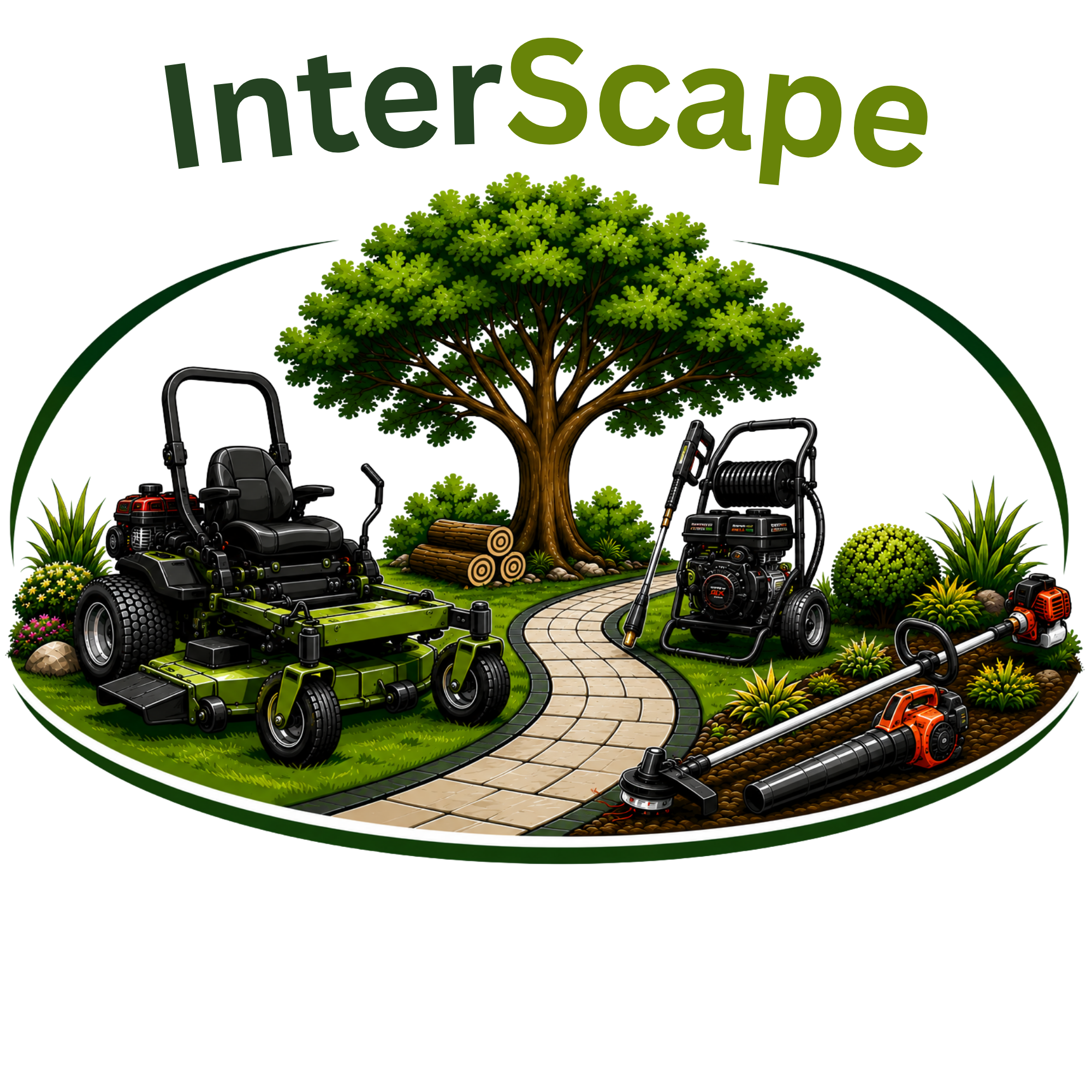 Illustration of gardening equipment including a mower, a power washer, a leaf blower, a wheelbarrow, and a wheelbarrow with gardening tools, with a tree, bushes, and a pathway in a garden setting.
