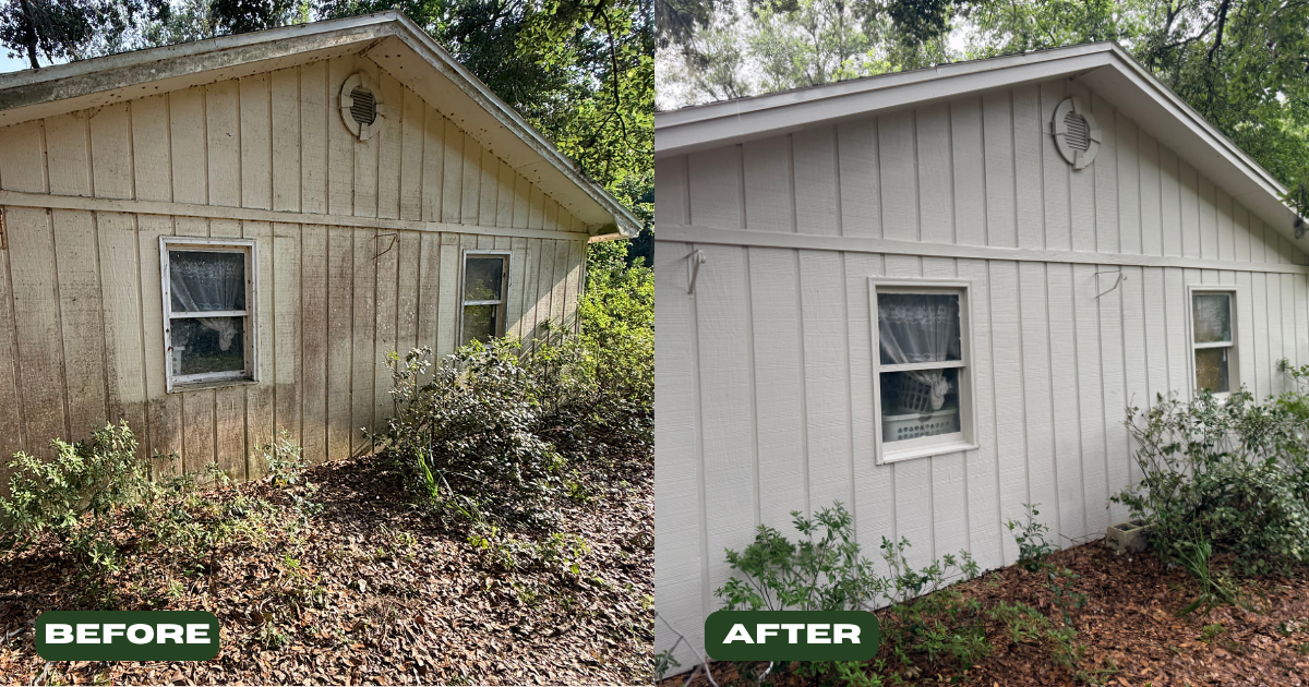 Side-by-side comparison of a house's exterior before and after cleaning or painting. The 'before' side shows a weathered, discolored exterior with dirt and grime, while the 'after' side shows a clean, freshly painted or cleaned exterior with bright white siding. The house has two small windows, a vent near the roof peak, and some greenery at the bottom.