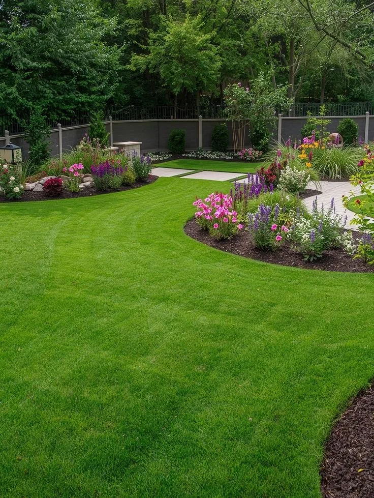A well-maintained backyard garden with lush green grass, colorful flower beds, and a gray fence in the background. Pathways and trees are also visible.