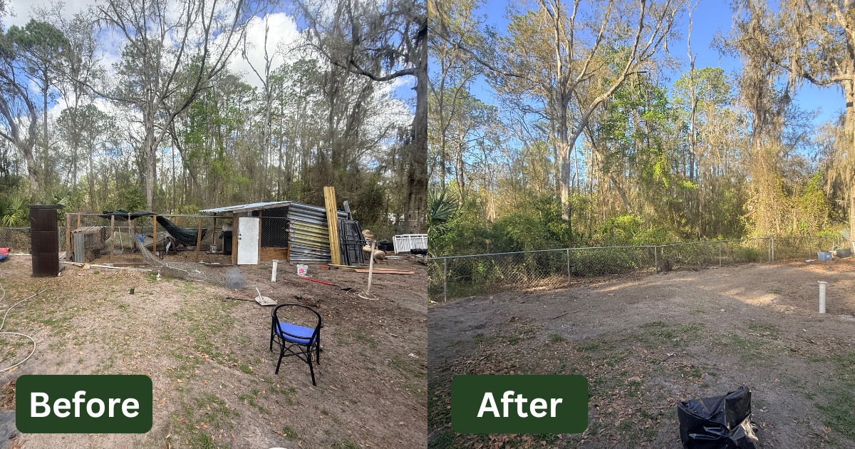 Comparison images of a backyard before and after cleanup. The "Before" side shows a cluttered area with debris, a small shed, and construction materials. The "After" side shows a cleared, clean yard with a chain-link fence and a few utility pipes visible.