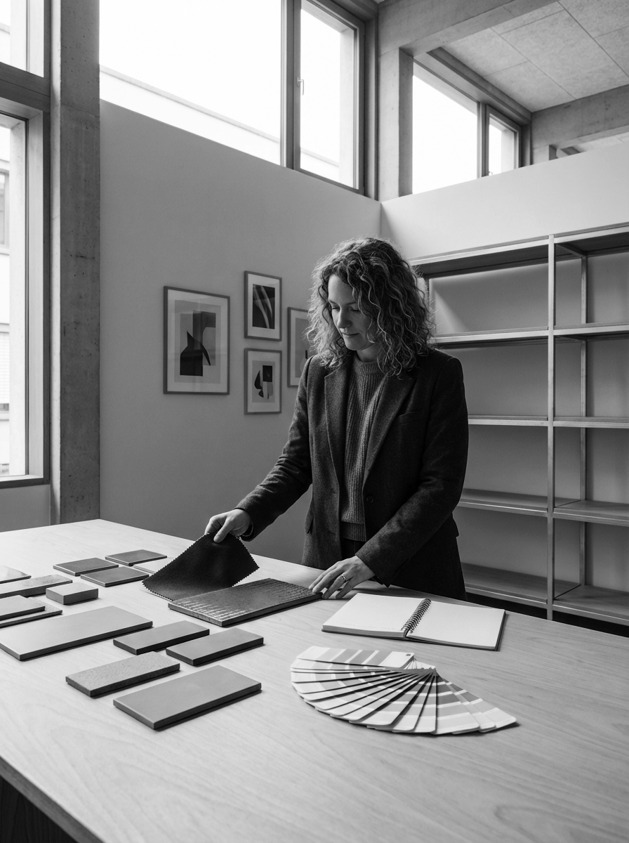 A woman with curly hair examining fabric samples and color swatches on a large table in a modern, well-lit room with artwork on the walls.
