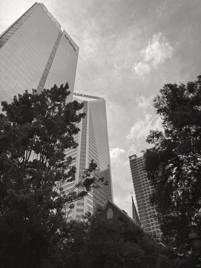 Tall skyscrapers and trees in an urban cityscape on a cloudy day.