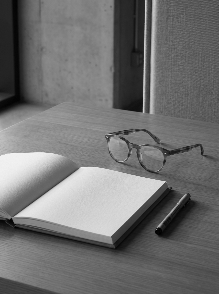 A black-and-white photo of a desk with an open blank notebook, a pair of eyeglasses, a pen, and an office chair in the background.