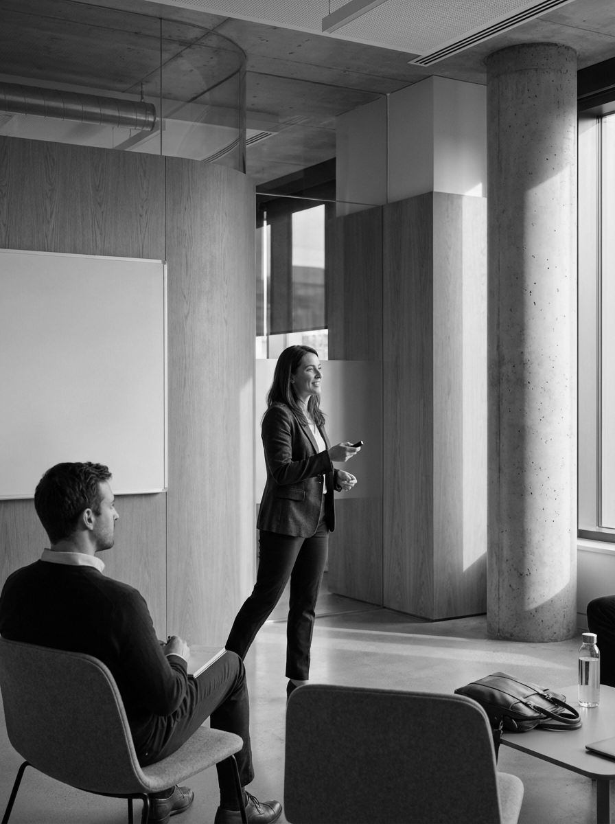 A woman standing and speaking during a presentation in a modern office conference room, with a man seated and listening.