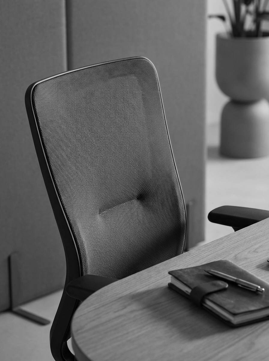 An ergonomic office chair with a mesh backrest positioned at a wooden conference table, which has a notebook and pen on it, in a modern office setting.