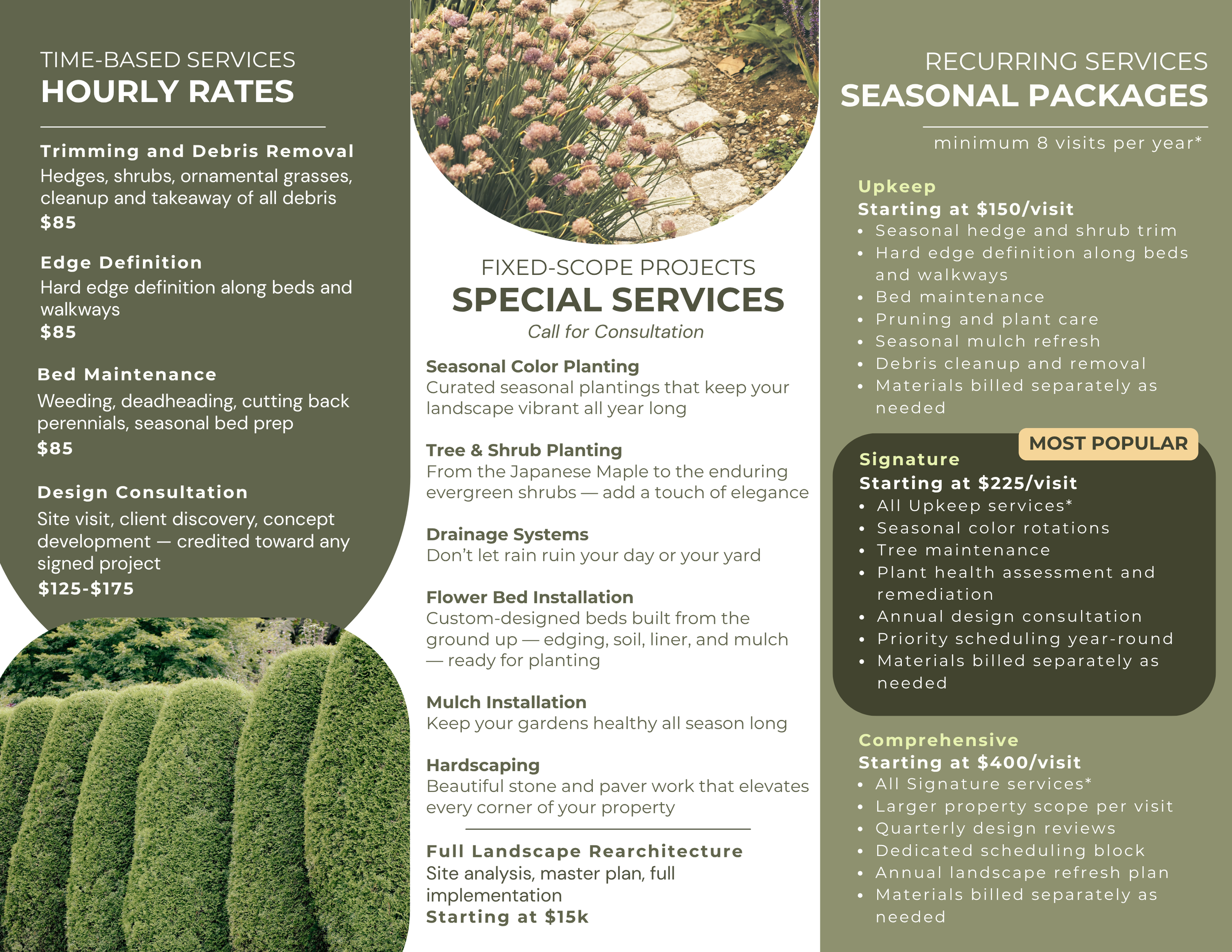 A landscape design service flyer outlining various maintenance and landscaping packages, with sections for hourly rates, seasonal packages, special services, and detailed offerings like trimming, edge definition, bed maintenance, and hardscaping. The flyer includes decorative garden images and text highlighting services offered.