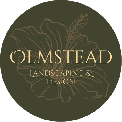 Olmstead Landscaping & Design logo with a floral illustration in beige on a dark background.