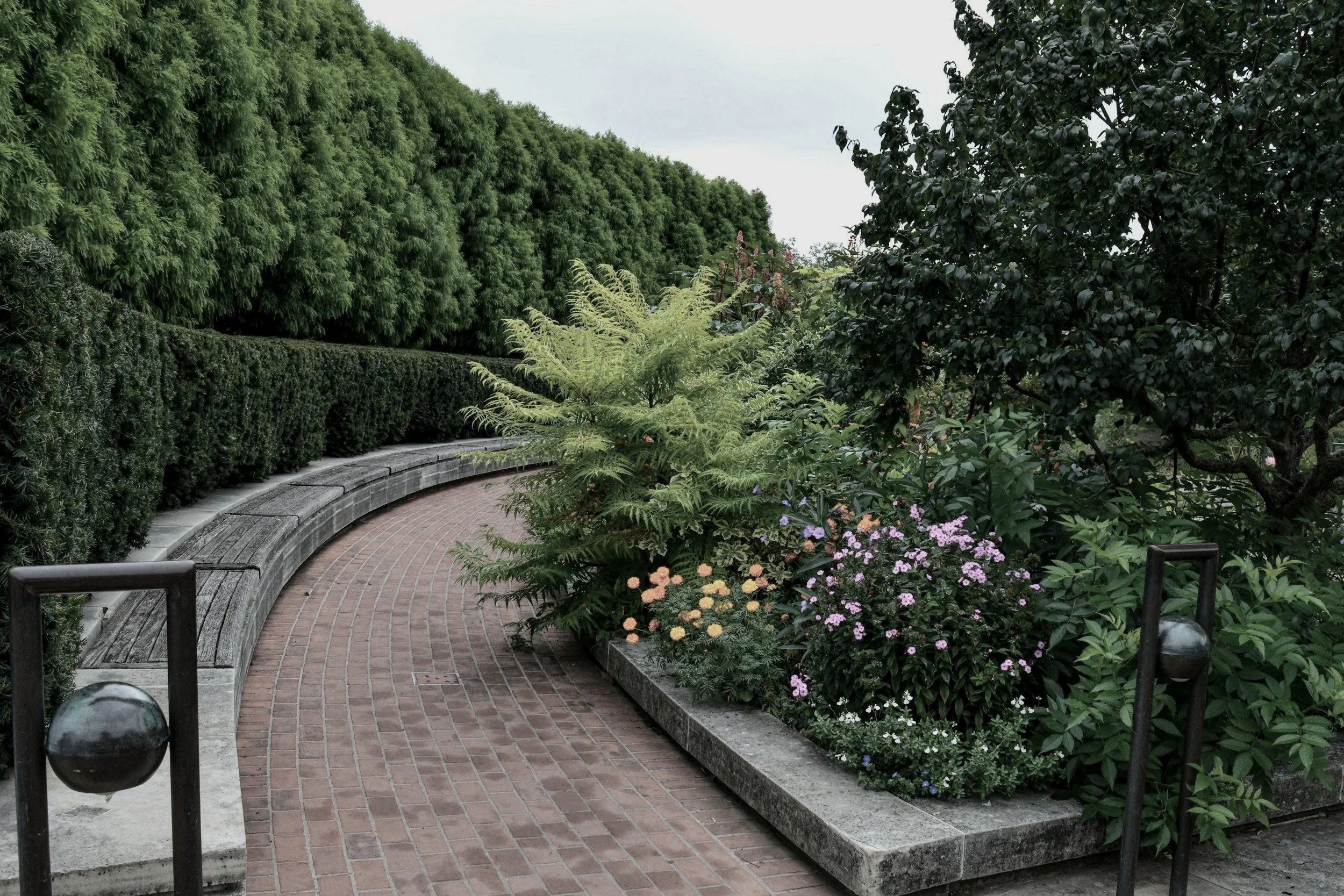 Curved brick pathway in a garden with lush greenery and flowering plants, bordered by low concrete and brick edges, with black metal handrails at the entrance.