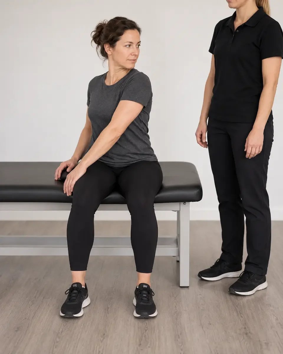 Woman turning her upper body while seated on a treatment table as a clinician observes.