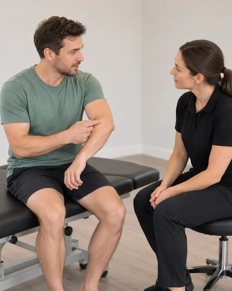 Man pointing to his elbow while discussing symptoms with a clinician.