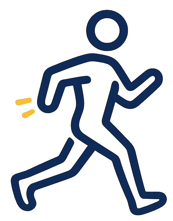 A simple icon of a person running, with yellow lines indicating movement or urgency.