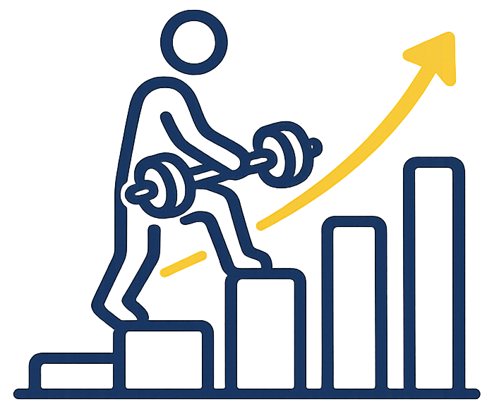 A stylized illustration of a person climbing a bar graph with an upward trending arrow, representing growth or progress.