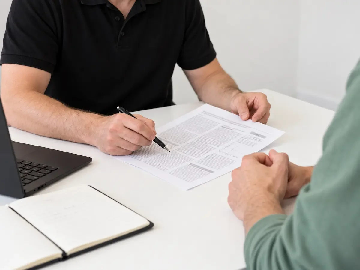 Clinician and patient reviewing printed information together at a desk.