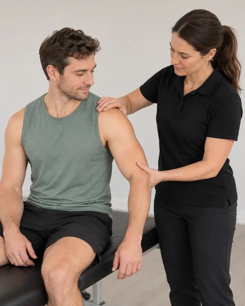 Clinician placing one hand on a seated man’s shoulder while supporting his upper arm.