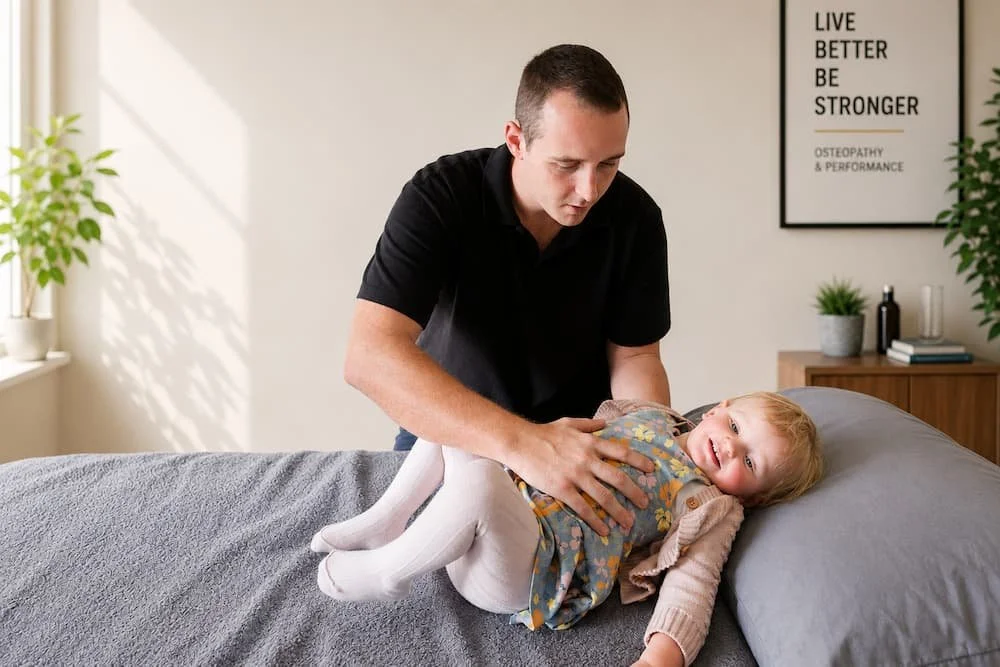 Dr Josh Saxton providing a gentle osteopathic assessment for a young child at Live Better Be Stronger Osteopathy & Performance in Adelaide.