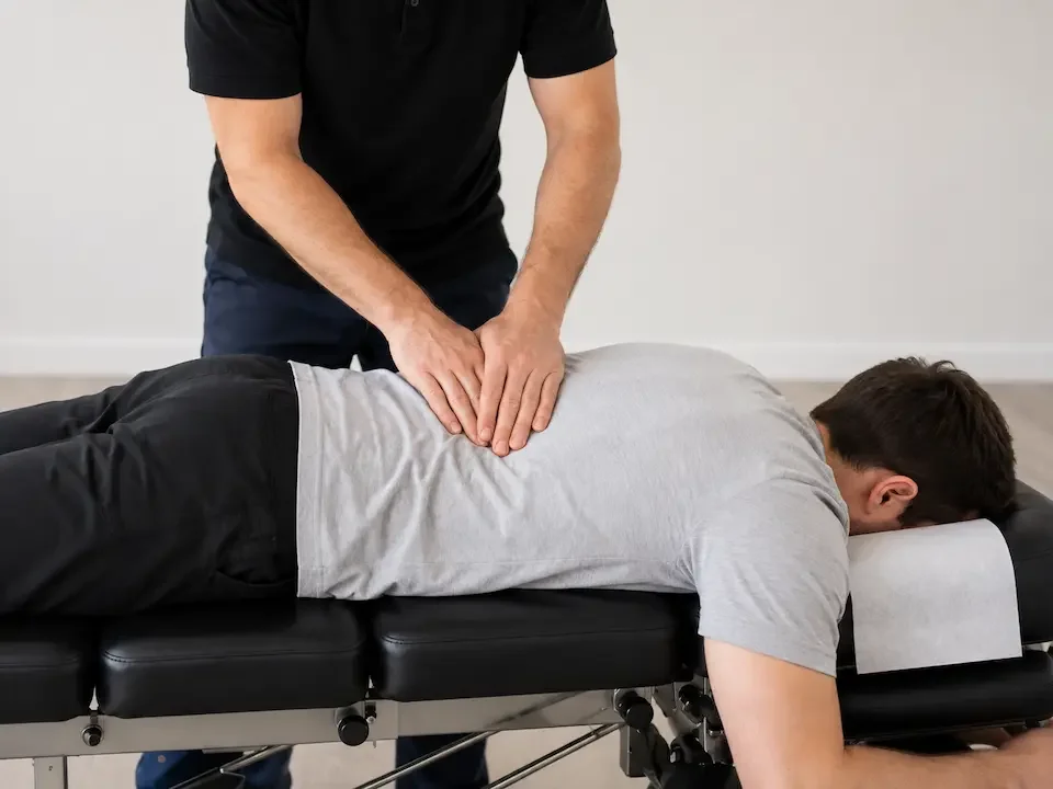 Clinician placing their hands on a clothed patient’s lower back during an assessment.