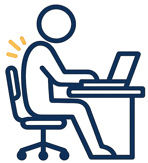 Office worker seated at a desk representing rehabilitation for prolonged sitting and desk-based work.