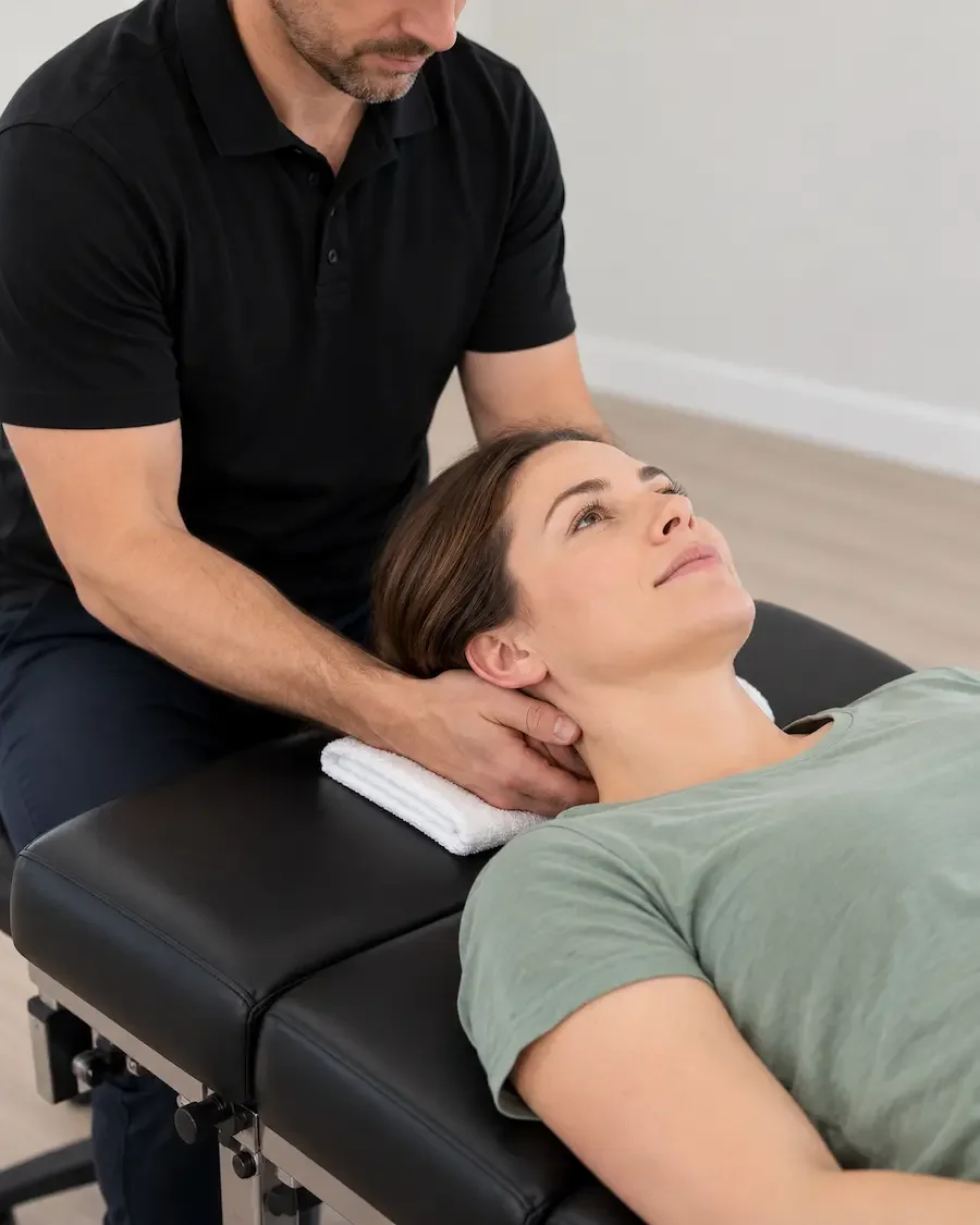 Woman lying on a treatment table while a clinician supports her neck with both hands.