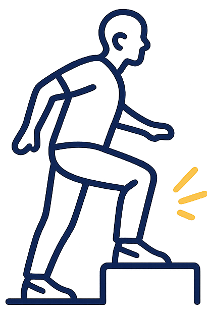 Older adult performing a step-up representing strength, balance, mobility and independence.