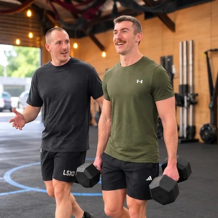 Dr Josh Saxton coaching a patient through a loaded dumbbell carry during return-to-sport rehabilitation in Adelaide.