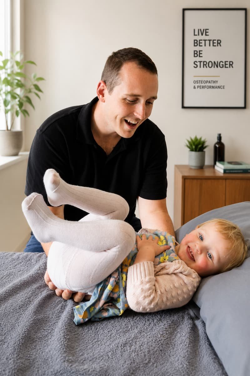 Dr Josh Saxton assessing a young child's movement during a paediatric osteopathy appointment at Live Better Be Stronger Osteopathy & Performance in Adelaide.