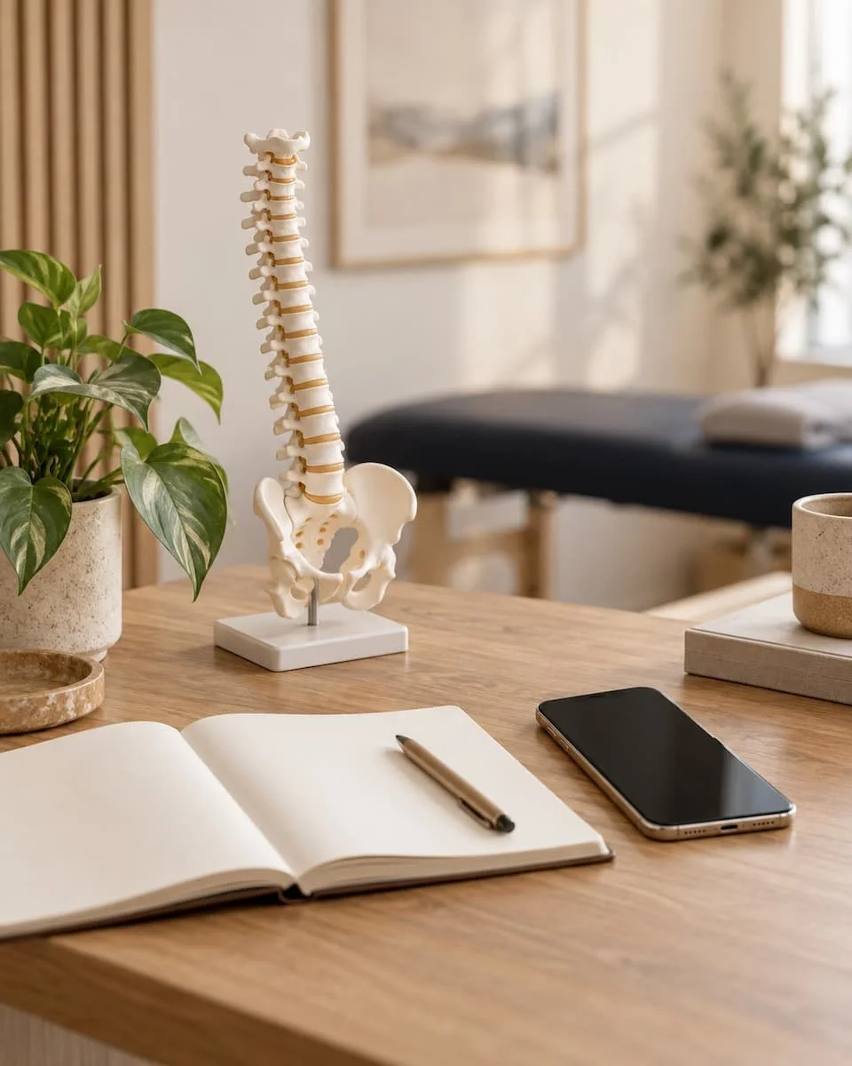 Smartphone, open notebook and anatomical spine model on a timber desk in a warm treatment-room setting.
