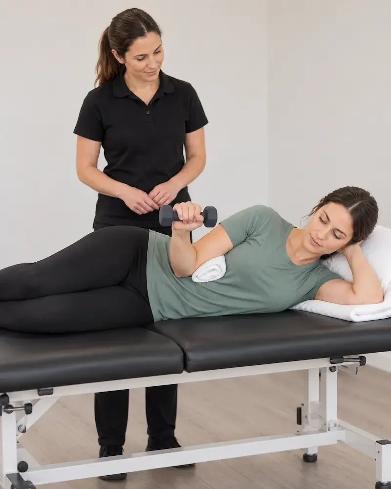 Woman performing a side-lying shoulder rotation exercise with a light dumbbell while a clinician observes.