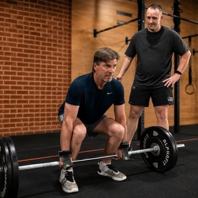 Dr Josh Saxton supervising a patient performing a deadlift during strength and resilience training in an Adelaide gym.