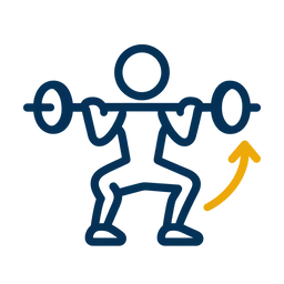 Outline of a person lifting a barbell with a gold upward arrow.