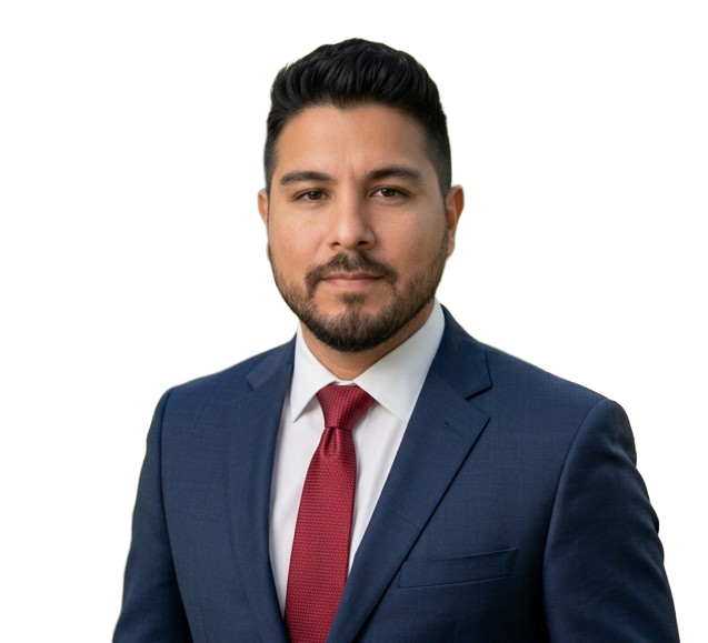 A man with dark hair, a beard, wearing a navy blue suit, white shirt, and red tie, posing for a professional photo.