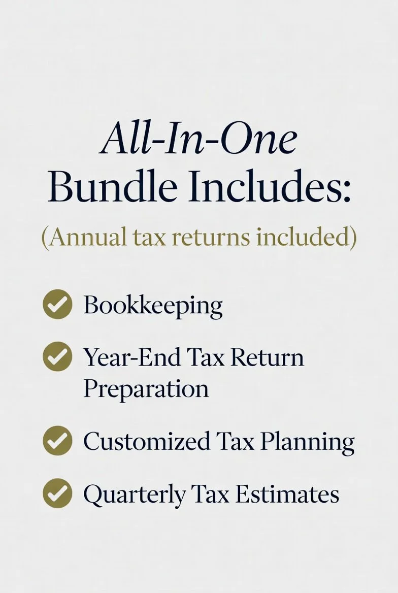 Text on a light background advertising an all-in-one tax preparation bundle that includes bookkeeping, year-end tax return preparation, customized tax planning, and quarterly tax estimates.