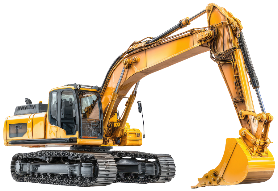 Yellow excavator with a large bucket attachment and tracked wheels.