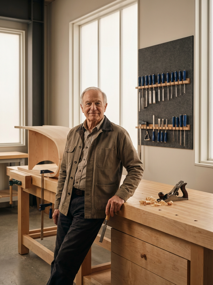 An elderly man standing in a woodworking workshop, leaning on a large wooden workbench holding a chisel. The workshop has woodworking tools hanging on a wall and a partially constructed wooden piece on the workbench.