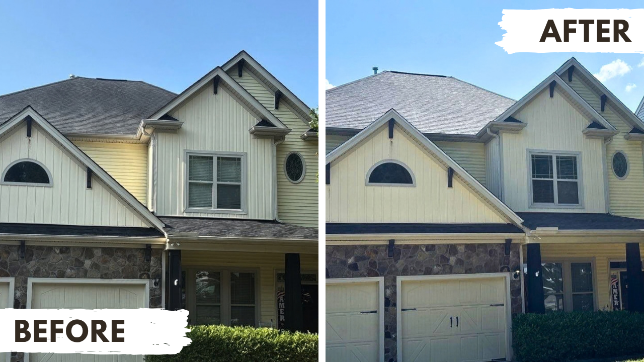 Before and After full roof replacement with asphalt shingles