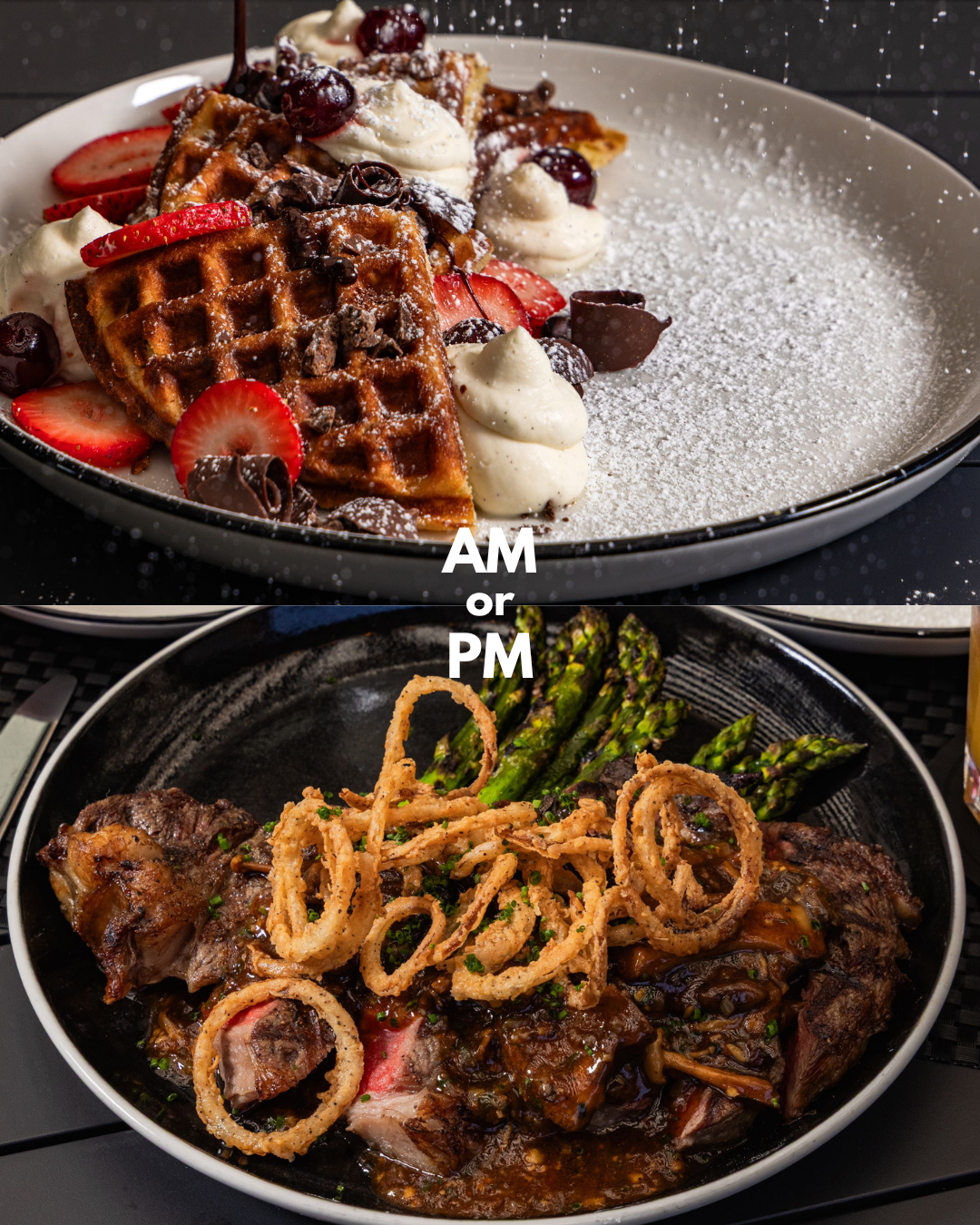 AM or PM? Why choose? ☀️🌙

This Father’s Day, we’re serving up the best of both worlds all day long. Treat Dad to our homemade Tiramisu Waffles or a juicy Prime Ribeye steak for breakfast, lunch, or dinner. Because Dad deserves what he wants, when h